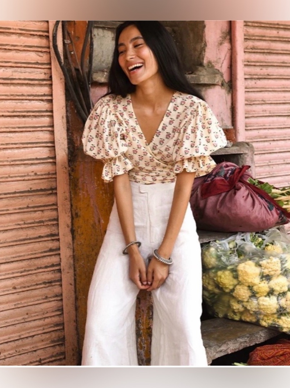 Daughters Of India Cotton Meera Wrap Top Block Print Peony Ethically Conscious
